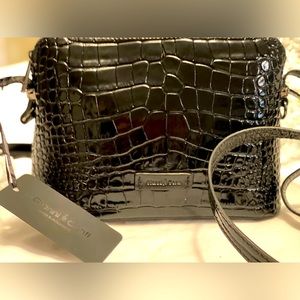 Gianni Conti Black Leather crossbody purse.  NWT Shiny alligator type leather.